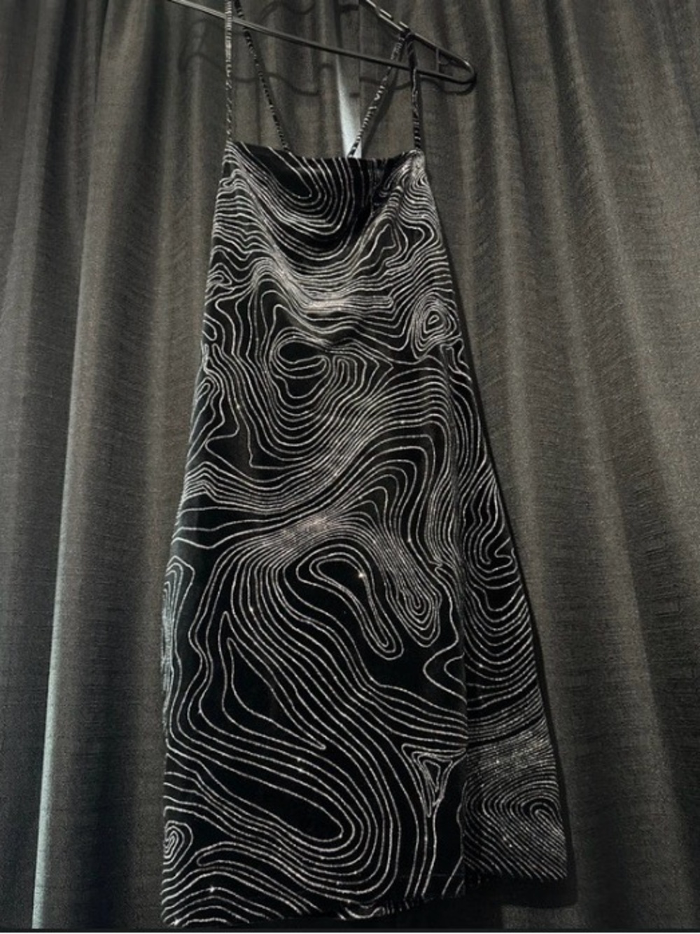Black Patterned Velvet Slip Dress with Silver Contour Lines